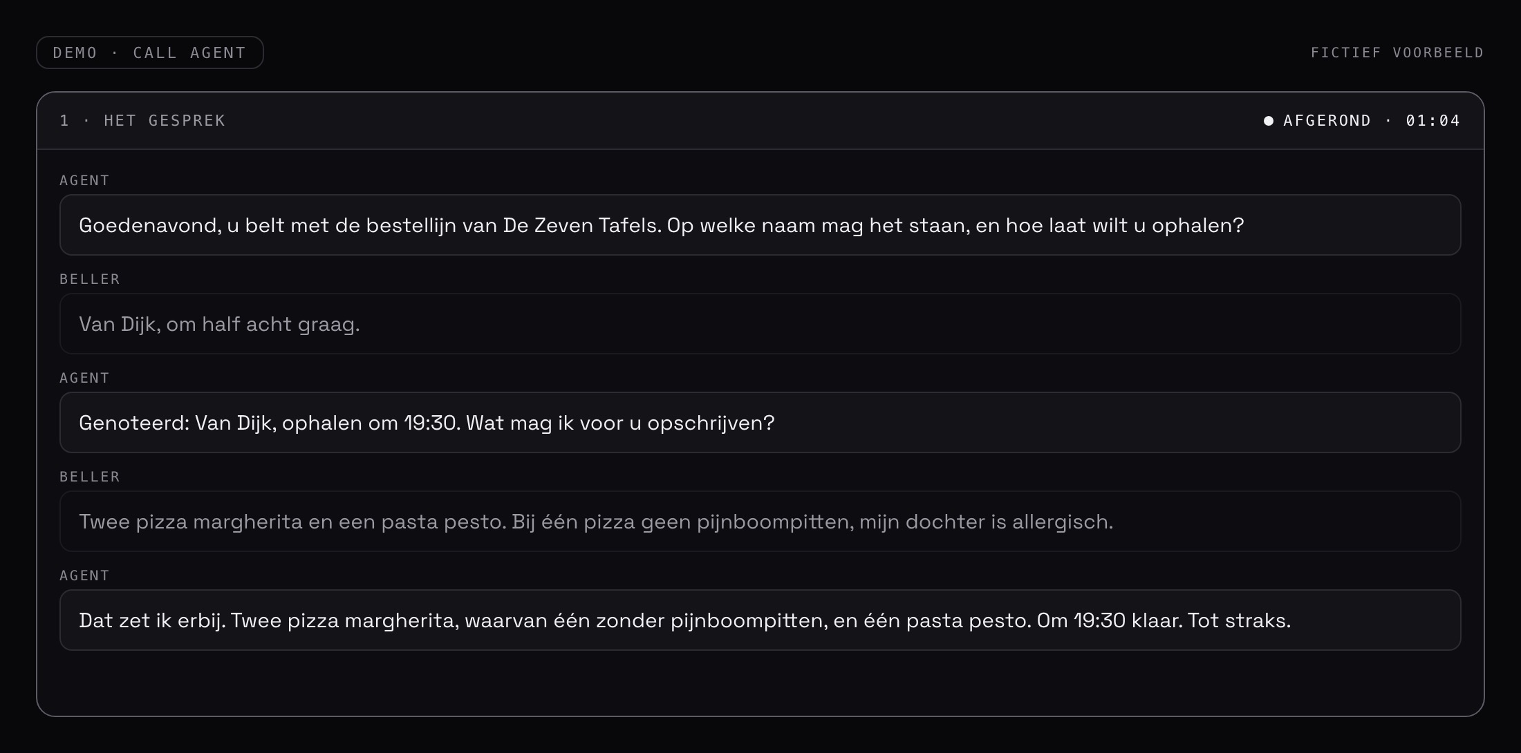 Het gesprek: eerst naam en ophaaltijd, dan de bestelling. De agent leest alles terug voordat hij ophangt.
