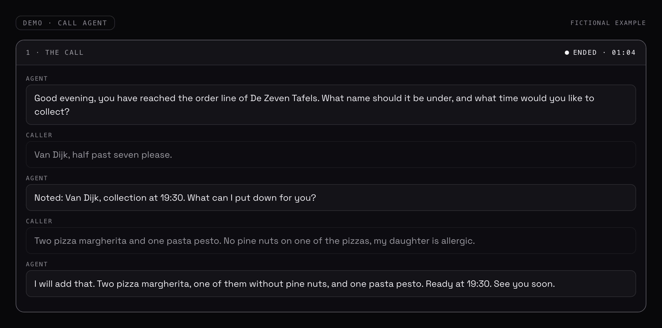 The call: name and pick-up time first, then the order. The agent reads it all back before hanging up.